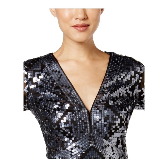 TADASHI SHOJI Black Silver Sequin V Neck Long Sleeve Mini Cocktail Dress Size 8 - Picture 4 of 10